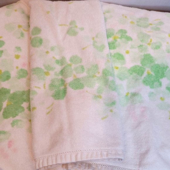 Vintage 70s Halston For Fieldcrest Towel Set of 3 Green Floral Light Pink 2 Bath - Picture 2 of 8